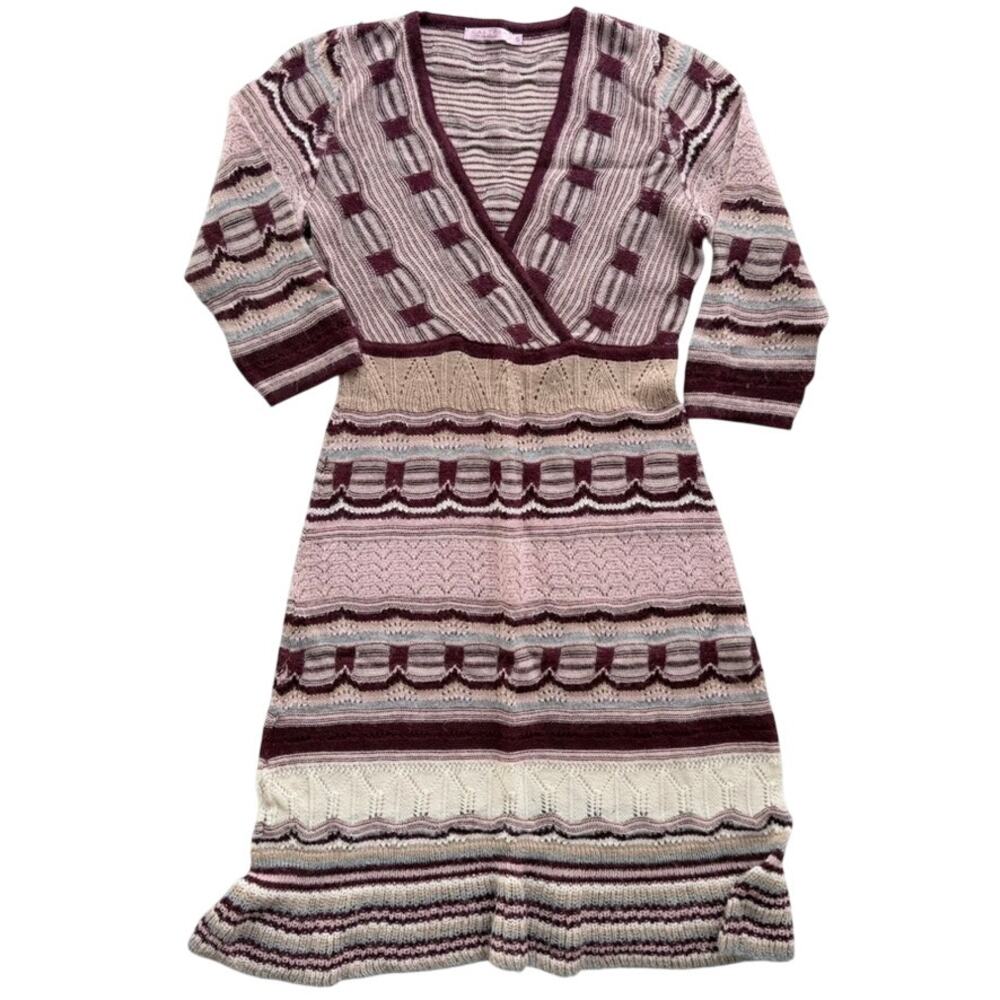 Calypso St. Barth Knit Mini Alpaca Knit Dress Size Small Pink Maroon 3/4 Sleeve